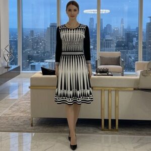 Vince Camuto dress Black & White Fit Flare Knit Sweater Cottage Coquette M